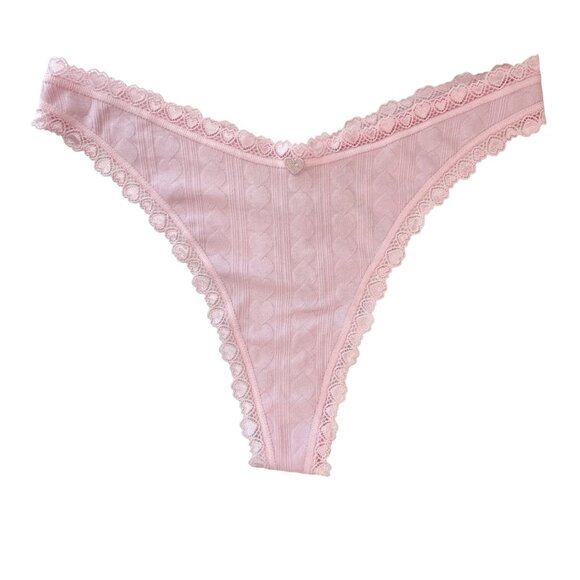 NEW Victoria's Secret Pink Heart Scalloped Lace Trim High Leg Thong - Size Large - Picture 1 of 3